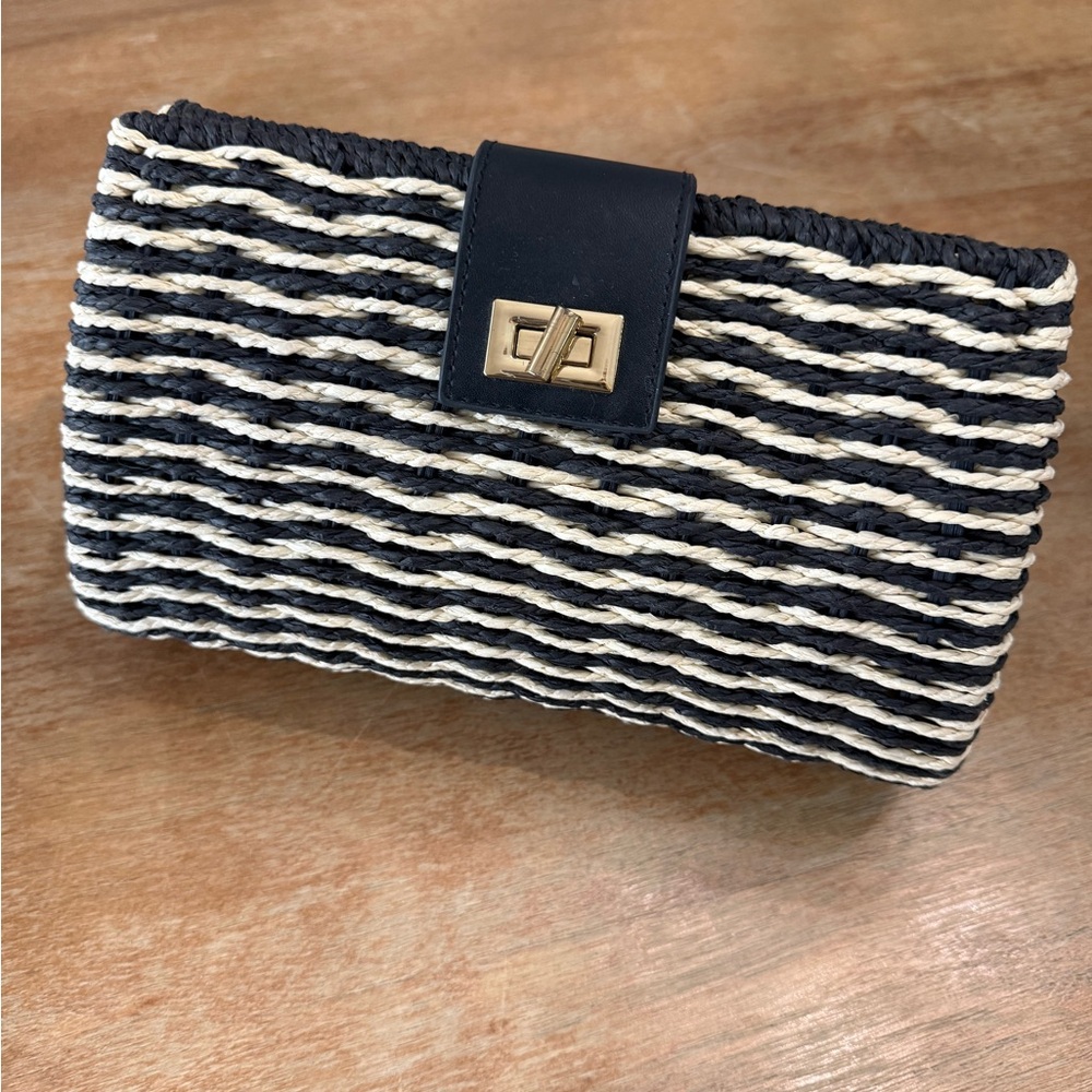 Ann Taylor Woven Black and Cream Straw Clutch with Gold Twist Lock